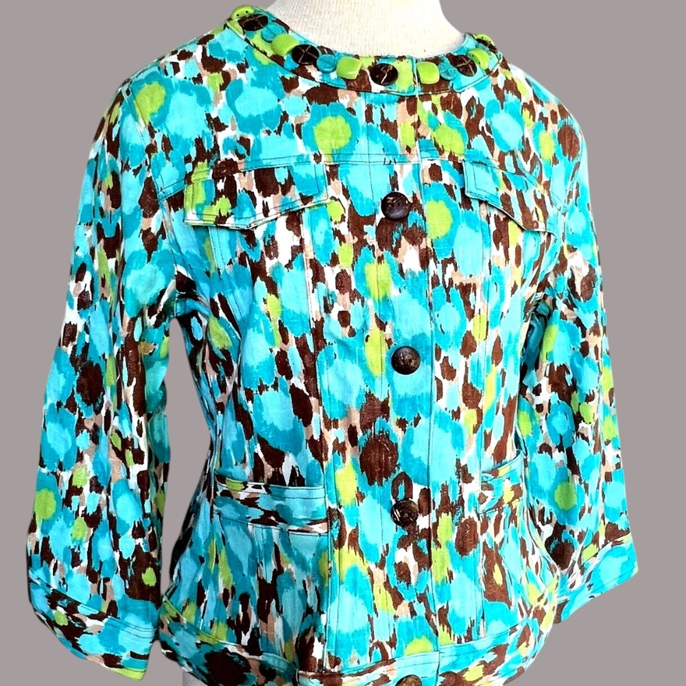 RUBY Rd Size 10 Colorful Jacket Unlined Teal Blue Green Brown Beaded Snap Front